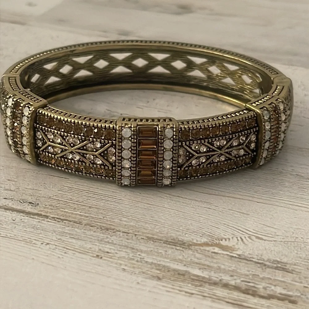 Heidi Daus Crystal Hinged Bangle Bracelet Topaz Champagne Tone